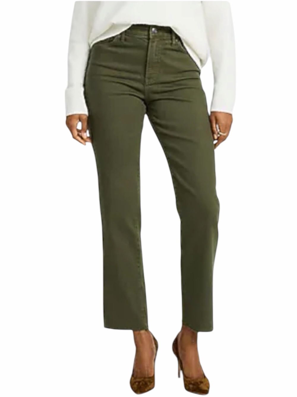NEW • Express • High Waisted Olive Raw Hem Straight Ankle Jeans